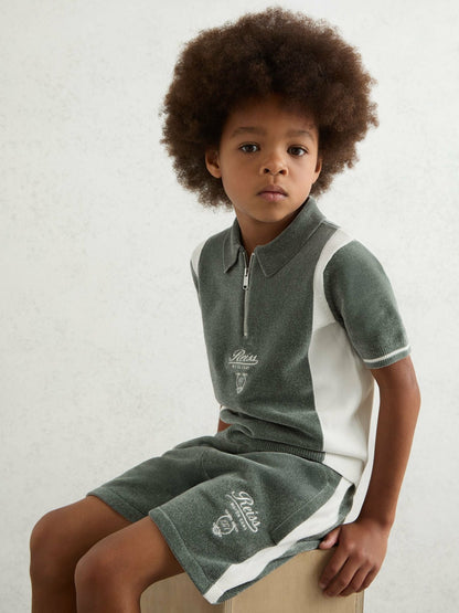 Reiss Popular Choice - 13-14 yrs Chenille Tipped Motor Cars Shorts in Dark Sage Green/White
