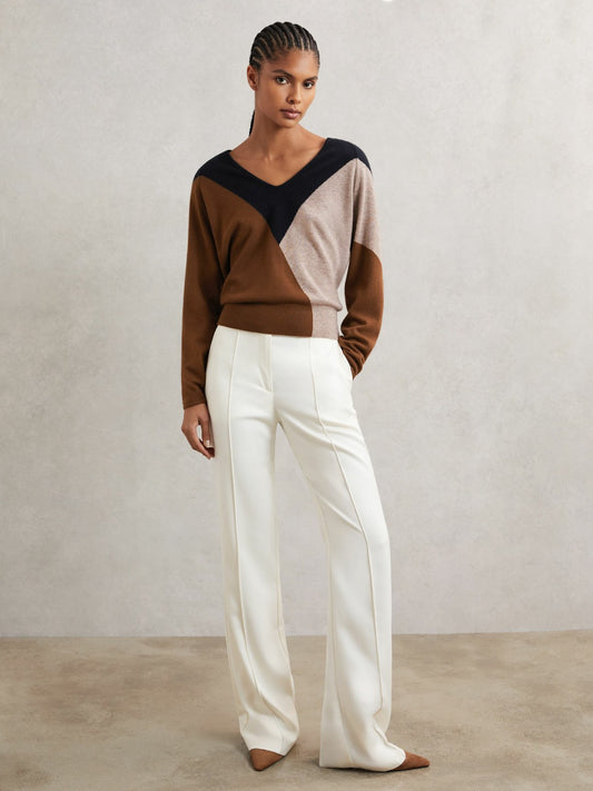 Reiss Affordable - Wool-Blend Colourblock Knit Jumper with Cashmere in Toffee Brown/Navy/Neutral
