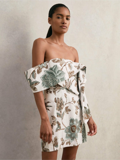 Reiss Sculpted Off-Shoulder Floral Mini Dress Linen-Cotton in Ivory