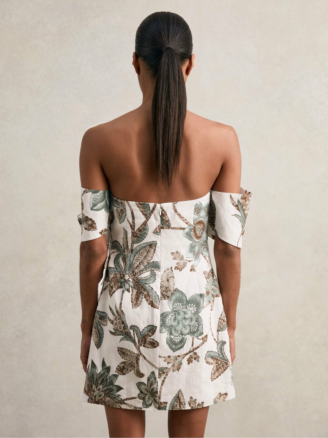 Reiss Sculpted Off-Shoulder Floral Mini Dress Linen-Cotton in Ivory