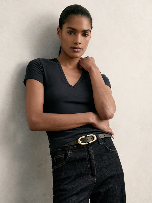 Reiss Deal - Stretch Cotton V-Neck T-Shirt in Navy