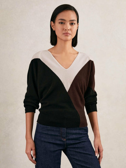 Reiss Featured - Wool-Blend Colourblock Knit Jumper with Cashmere in Black/Burgundy/Cream