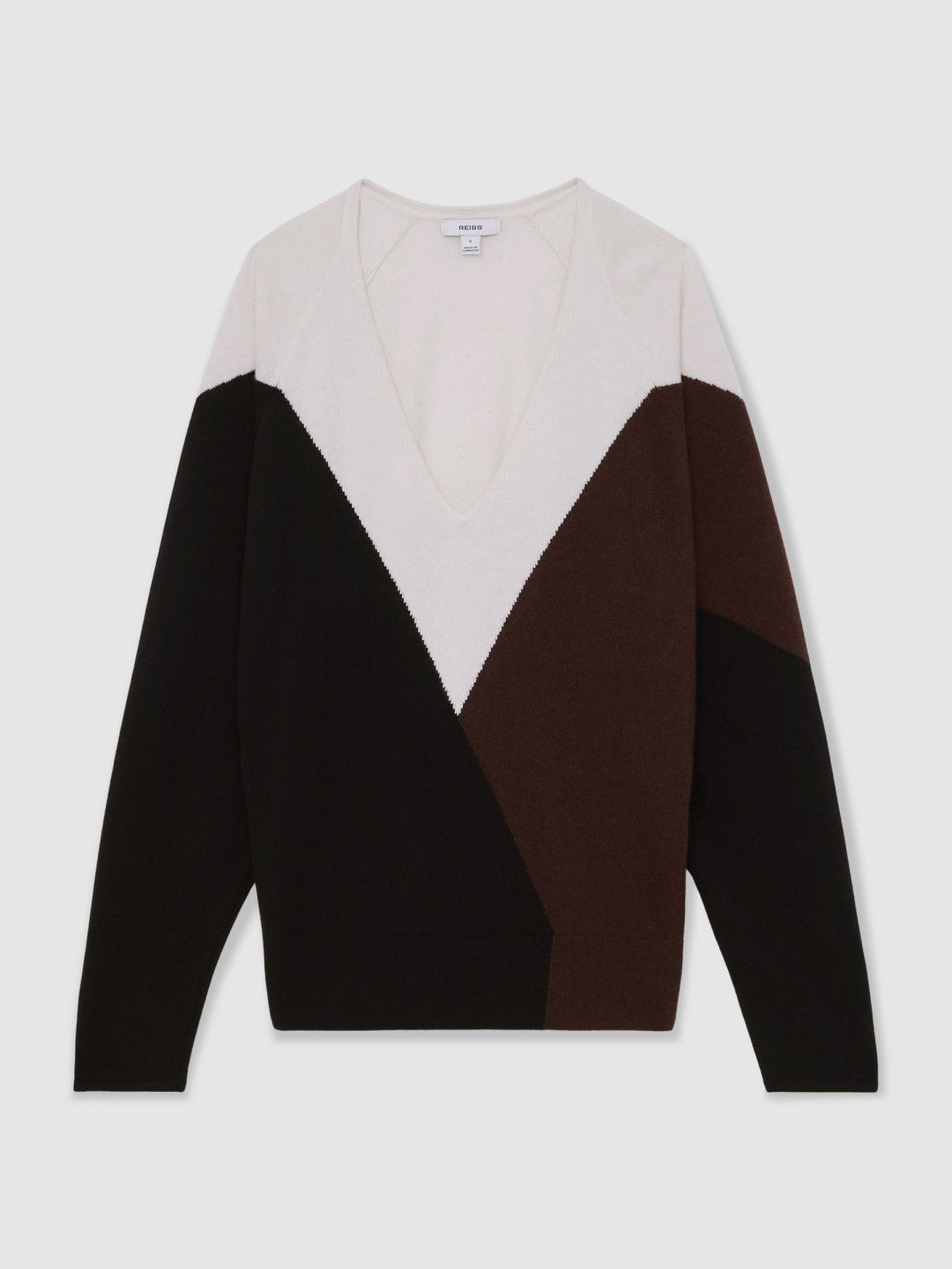 Reiss Featured - Wool-Blend Colourblock Knit Jumper with Cashmere in Black/Burgundy/Cream
