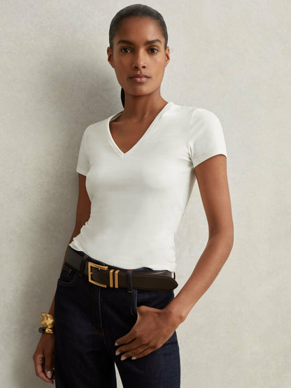 Reiss Sale - Stretch Cotton V-Neck T-Shirt in White
