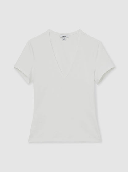 Reiss Sale - Stretch Cotton V-Neck T-Shirt in White