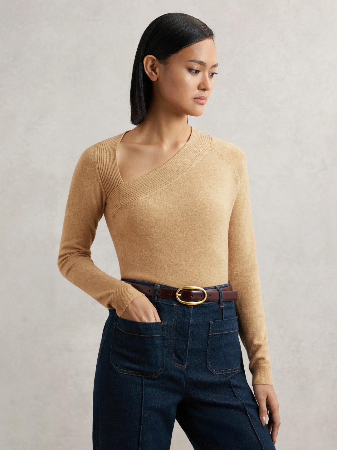 Reiss Wool-Blend Asymmetric Knit Top in Camel