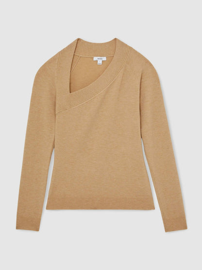 Reiss Wool-Blend Asymmetric Knit Top in Camel