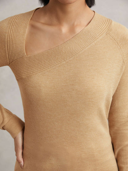 Reiss Wool-Blend Asymmetric Knit Top in Camel