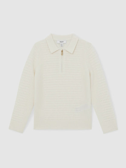 Reiss Best Seller - 13-14 yrs Wool Waffle-Knit Half-Zip Polo Shirt in Off White