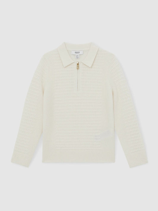 Reiss Best Seller - 13-14 yrs Wool Waffle-Knit Half-Zip Polo Shirt in Off White