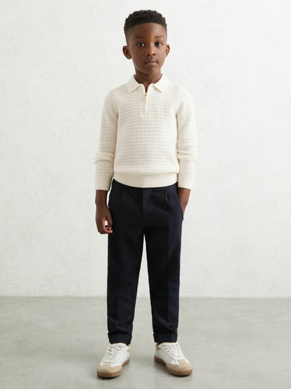 Reiss Best Seller - 13-14 yrs Wool Waffle-Knit Half-Zip Polo Shirt in Off White