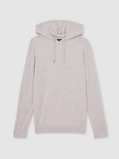 Reiss Value - Merino Wool Drawstring Hoodie in Wicker Brown Melange