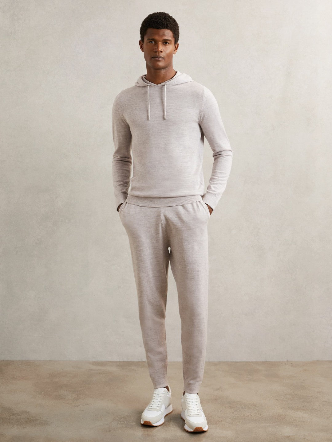 Reiss Value - Merino Wool Drawstring Hoodie in Wicker Brown Melange