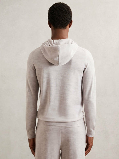 Reiss Value - Merino Wool Drawstring Hoodie in Wicker Brown Melange