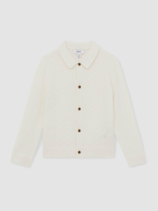 Reiss Popular Choice - 13-14 yrs Wool V-Stitch Button-Through Cardigan in Off White