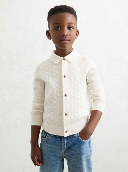 Reiss Popular Choice - 13-14 yrs Wool V-Stitch Button-Through Cardigan in Off White