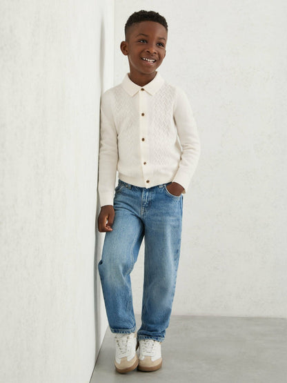 Reiss Popular Choice - 13-14 yrs Wool V-Stitch Button-Through Cardigan in Off White