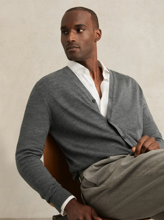 Reiss Best Seller - Merino Wool Button-Through Cardigan in Derby Grey Melange