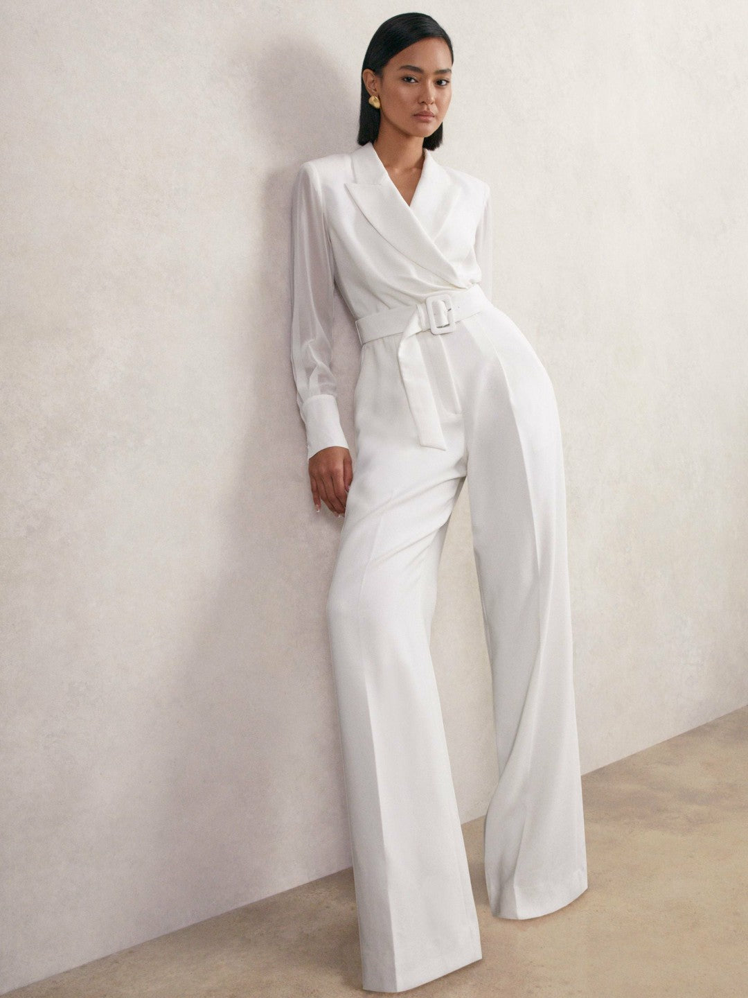 Reiss Deal - Sheer-Sleeve Wide-Leg Tuxedo Jumpsuit in Ivory