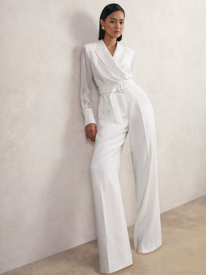 Reiss Deal - Sheer-Sleeve Wide-Leg Tuxedo Jumpsuit in Ivory