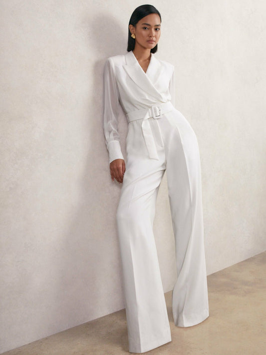 Reiss Deal - Sheer-Sleeve Wide-Leg Tuxedo Jumpsuit in Ivory