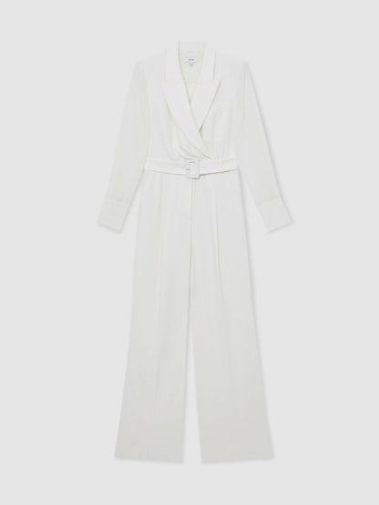Reiss Deal - Sheer-Sleeve Wide-Leg Tuxedo Jumpsuit in Ivory