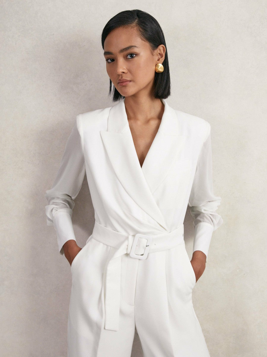Reiss Deal - Sheer-Sleeve Wide-Leg Tuxedo Jumpsuit in Ivory