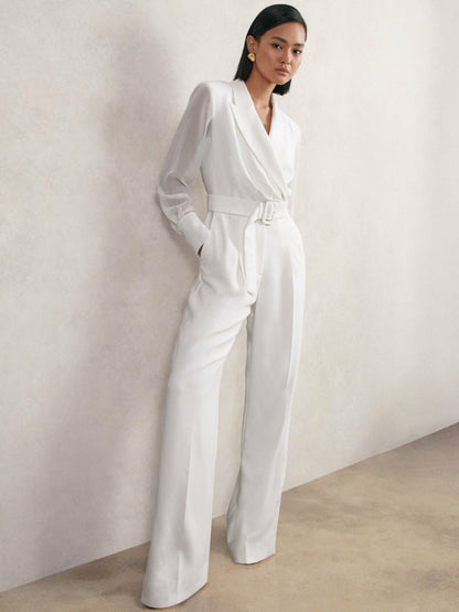 Reiss Deal - Sheer-Sleeve Wide-Leg Tuxedo Jumpsuit in Ivory