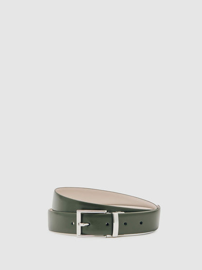 Reiss Affordable - Reversible Leather Belt in Forest Green/Off White