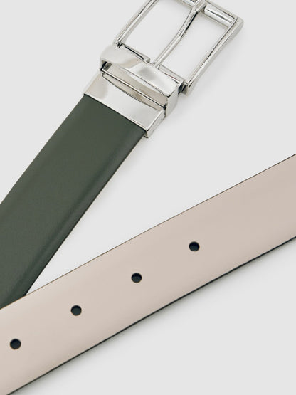 Reiss Affordable - Reversible Leather Belt in Forest Green/Off White