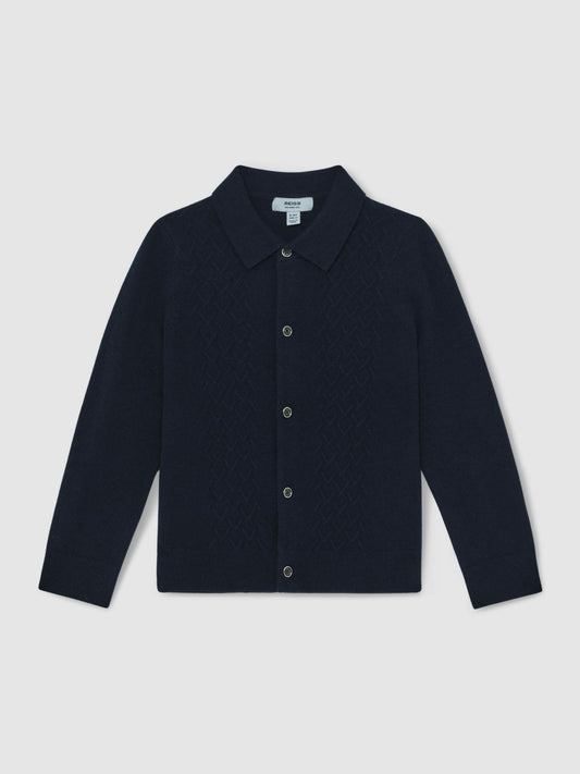 Reiss Offer - 13-14 yrs Wool V-Stitch Button-Through Cardigan in Navy Blue