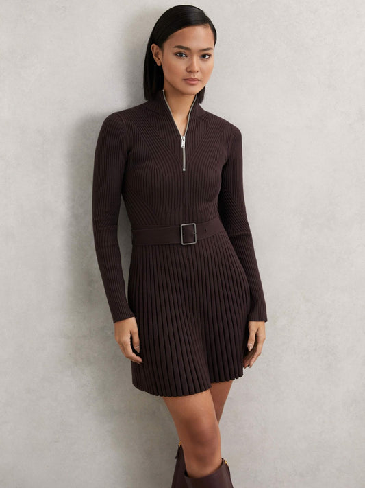 Reiss Featured - Rib-Knit Belted Half-Zip Flippy Dress in Plum Purple