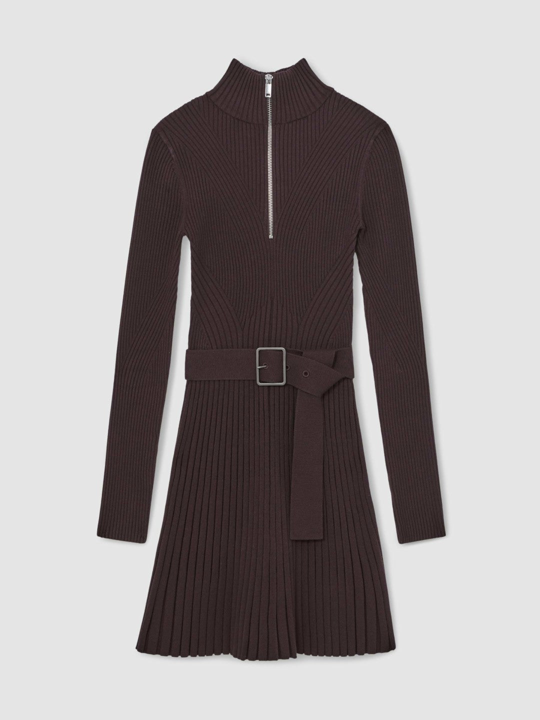 Reiss Featured - Rib-Knit Belted Half-Zip Flippy Dress in Plum Purple