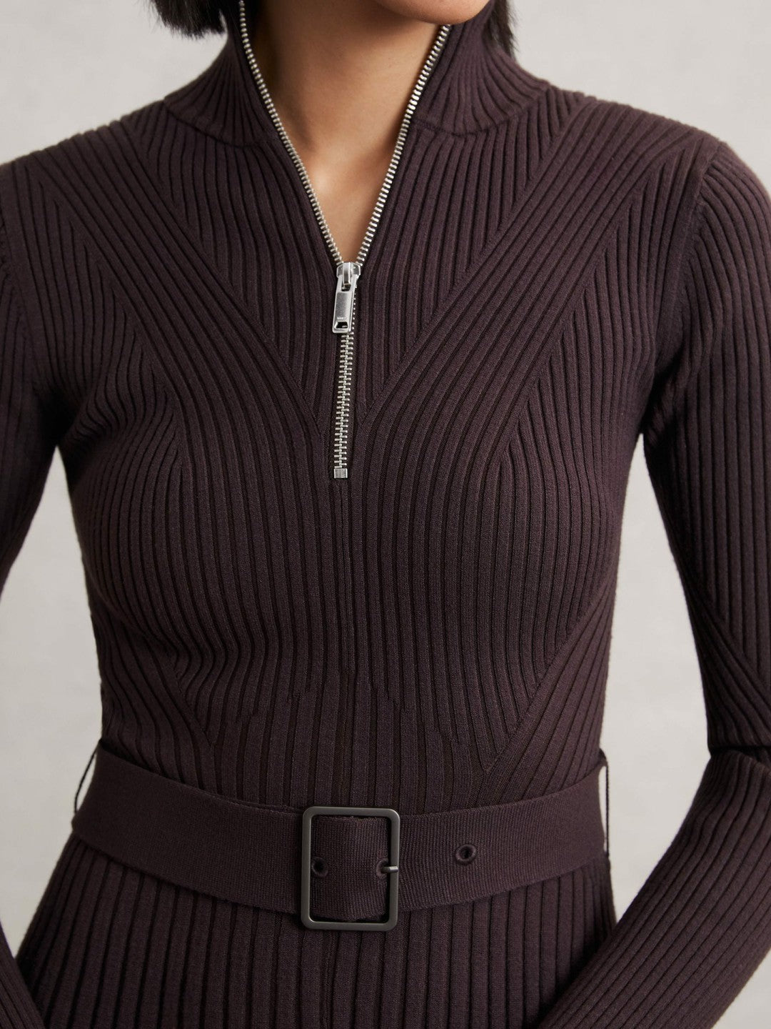 Reiss Featured - Rib-Knit Belted Half-Zip Flippy Dress in Plum Purple