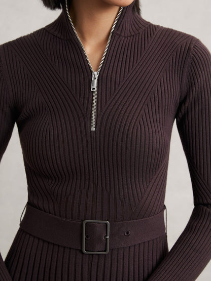 Reiss Featured - Rib-Knit Belted Half-Zip Flippy Dress in Plum Purple