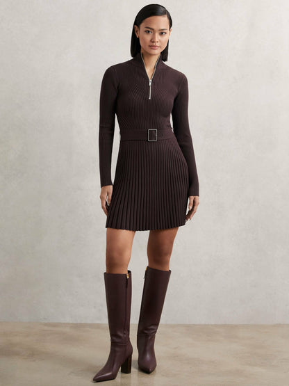 Reiss Featured - Rib-Knit Belted Half-Zip Flippy Dress in Plum Purple