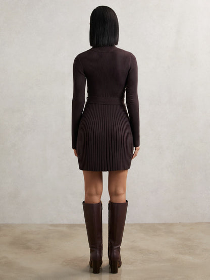 Reiss Featured - Rib-Knit Belted Half-Zip Flippy Dress in Plum Purple