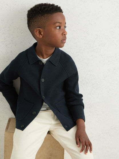 Reiss 9-13 yrs Button-Through Knitted Cardigan in Navy