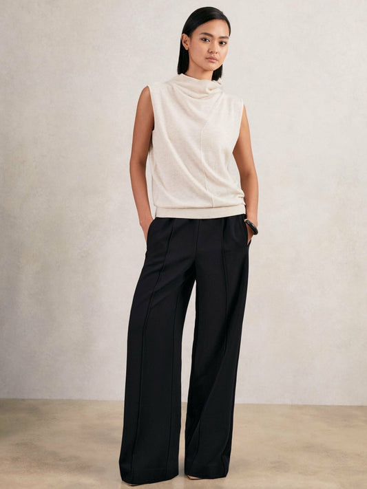 Reiss Value - Petite Wide Leg Elasticated Waist Trousers in Navy
