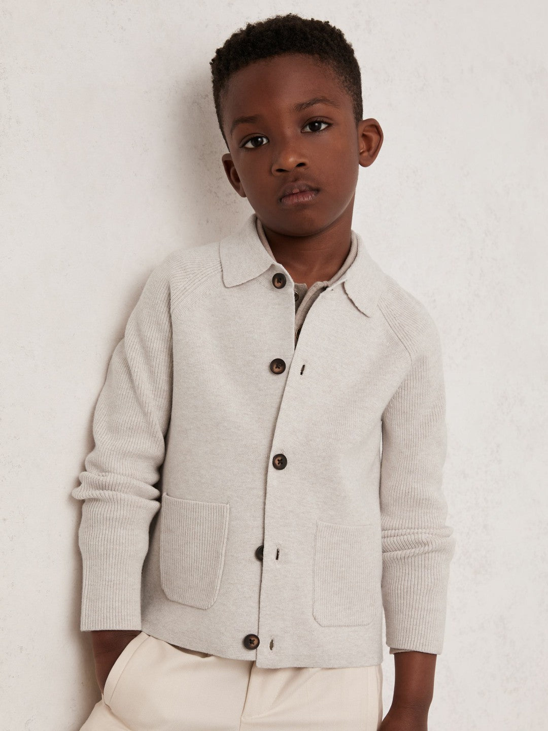 Reiss 3-9 yrs Button-Through Knitted Cardigan in Oatmeal Melange