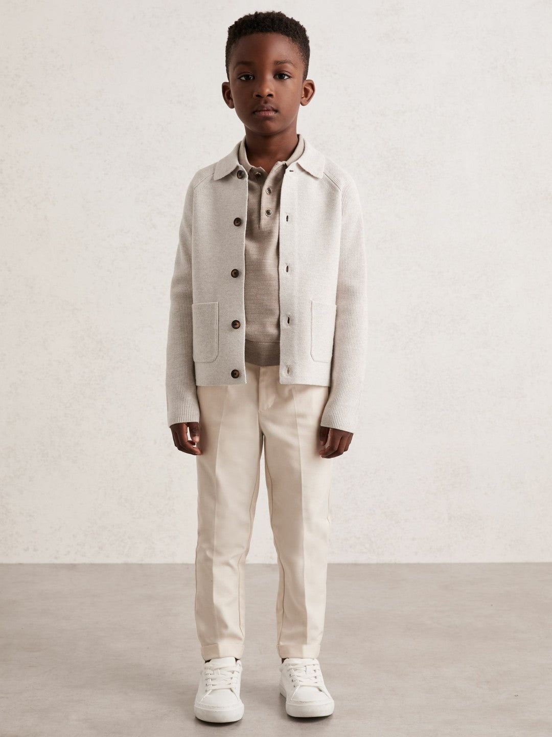 Reiss 3-9 yrs Button-Through Knitted Cardigan in Oatmeal Melange