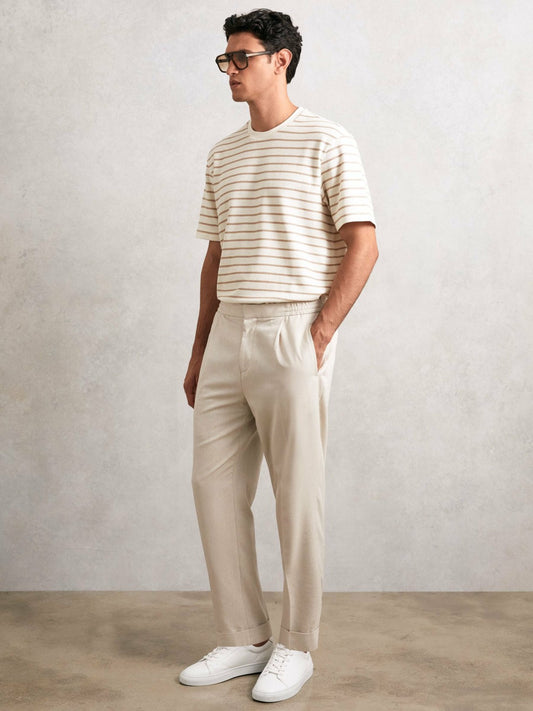 Reiss Value - Cotton Textured Stripe T-Shirt in Oatmeal/White