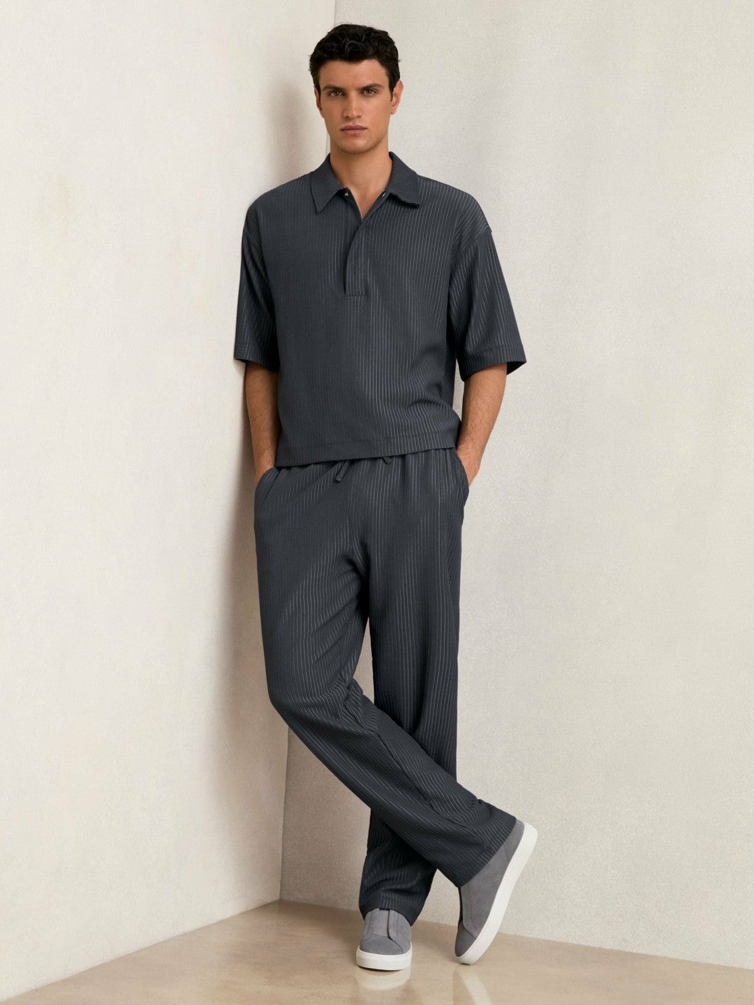 Reiss Offer - Textured Stripe Drawstring Trousers in Petrol Blue