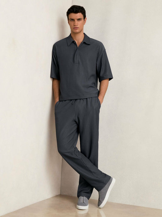 Reiss Offer - Textured Stripe Drawstring Trousers in Petrol Blue