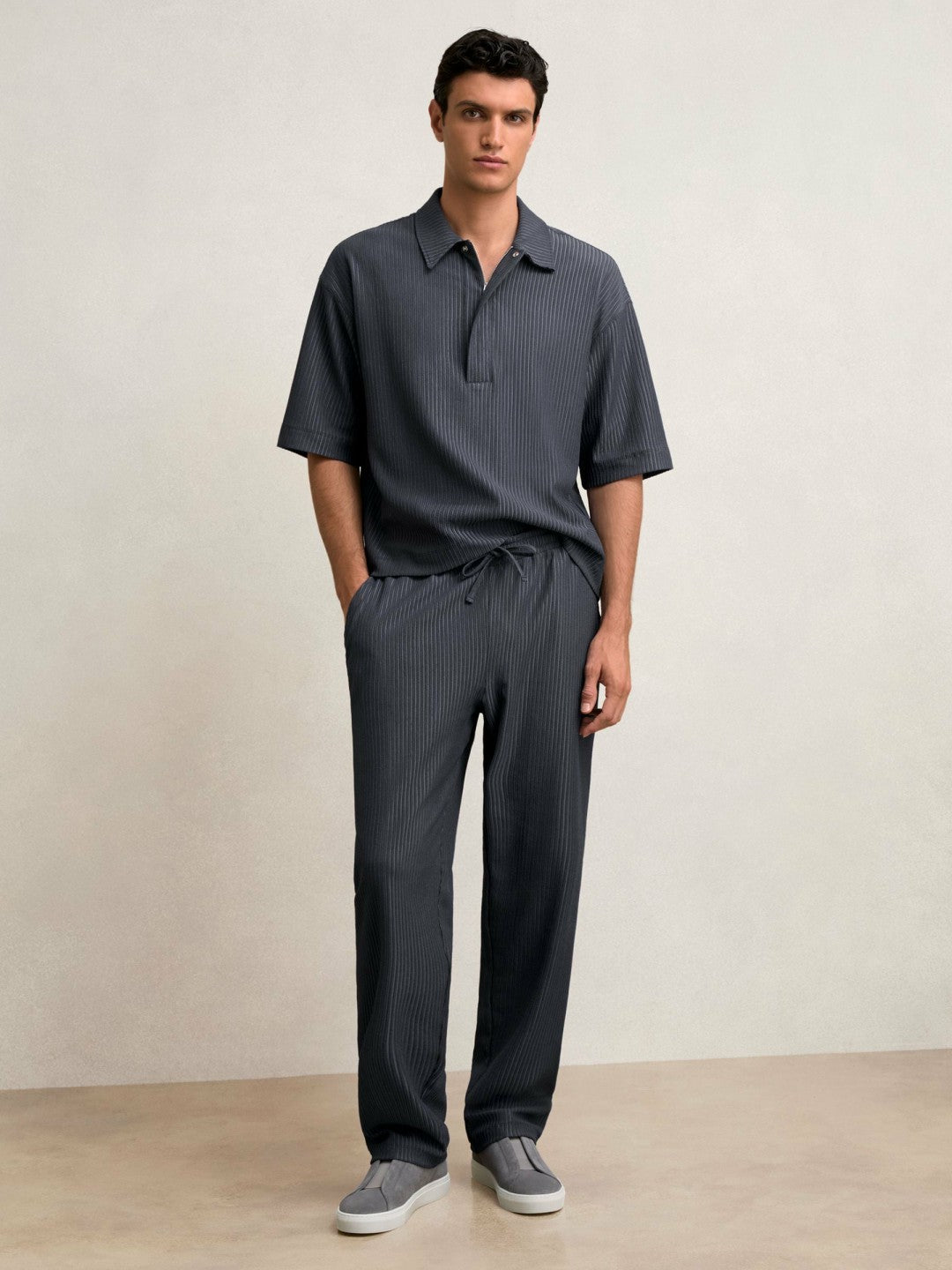 Reiss Offer - Textured Stripe Drawstring Trousers in Petrol Blue