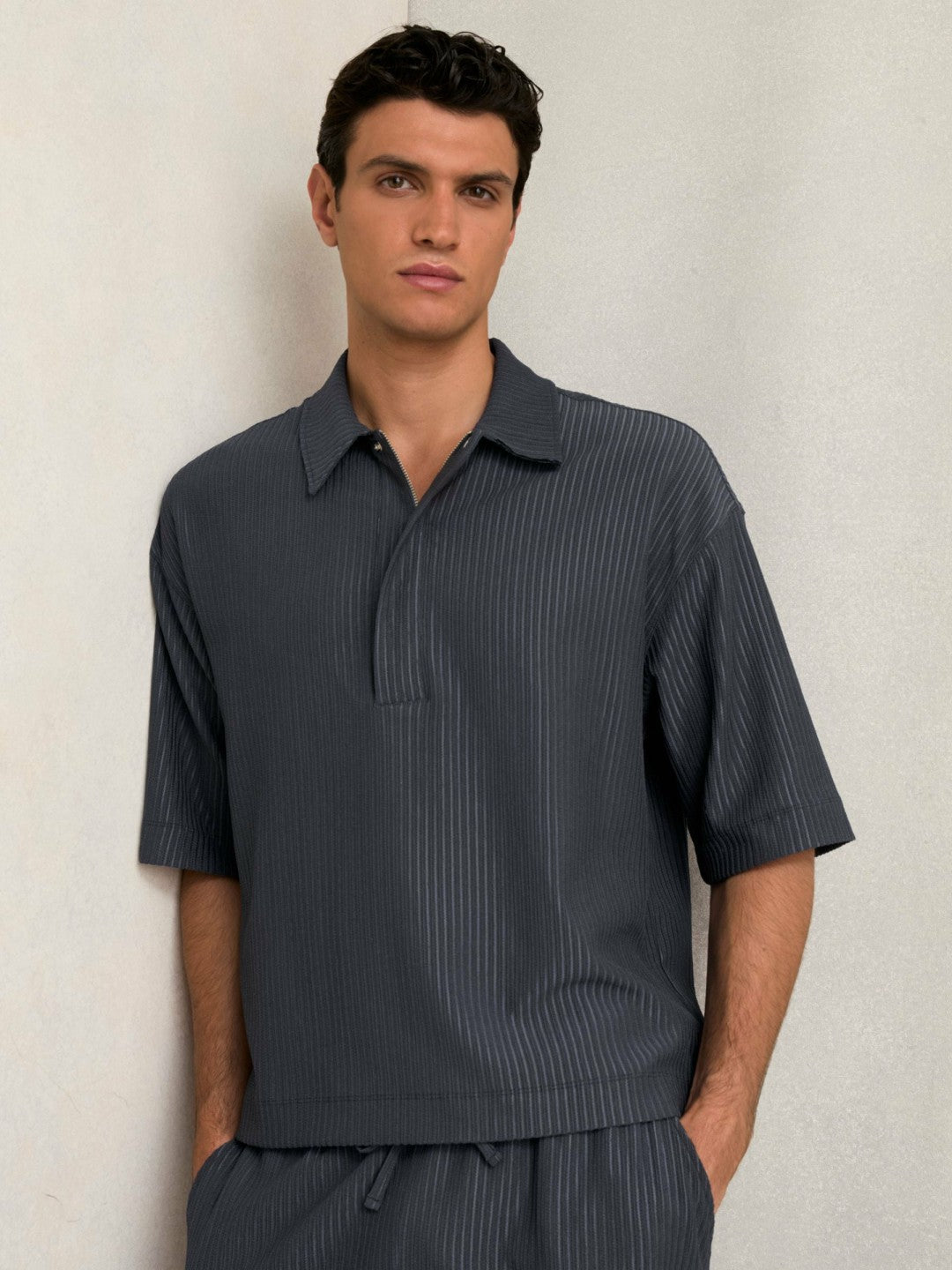 Reiss Value - Oversized Textured Stripe Polo Shirt in Petrol Blue