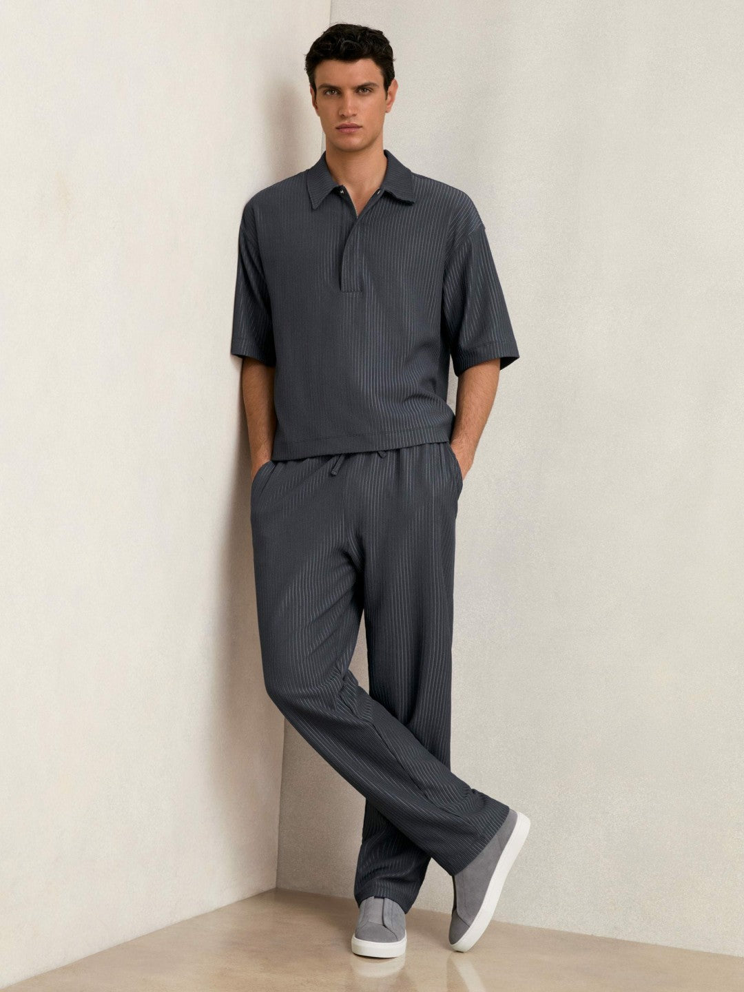 Reiss Value - Oversized Textured Stripe Polo Shirt in Petrol Blue