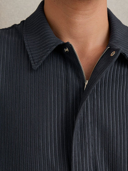 Reiss Value - Oversized Textured Stripe Polo Shirt in Petrol Blue