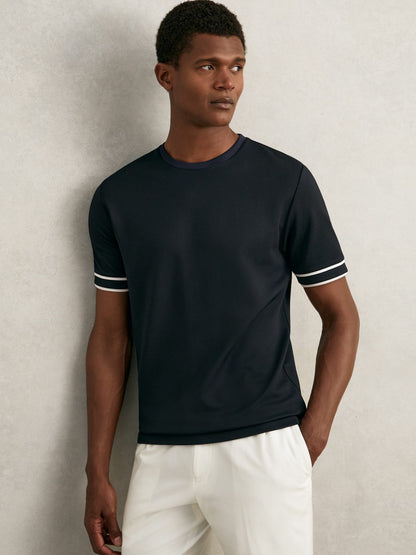 Reiss Textured Crew-Neck Tipped T-Shirt in Navy Blue