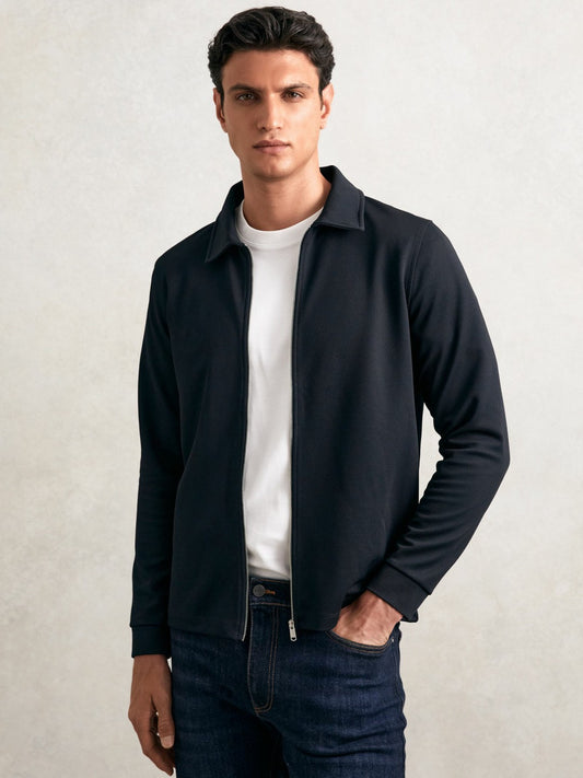 Reiss Popular Choice - Textured Zip Through Overshirt in Navy